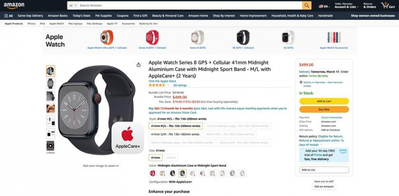 Apple Watch Series 8 с поддержкой eSIM и двухлетней гарантией AppleCare+ продаются на Amazon за 80 долларов