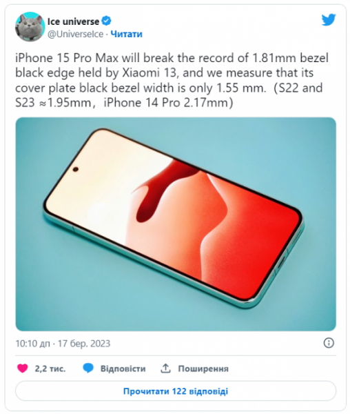 iPhone 15 Pro Max установил рекорд самых тонких рамок